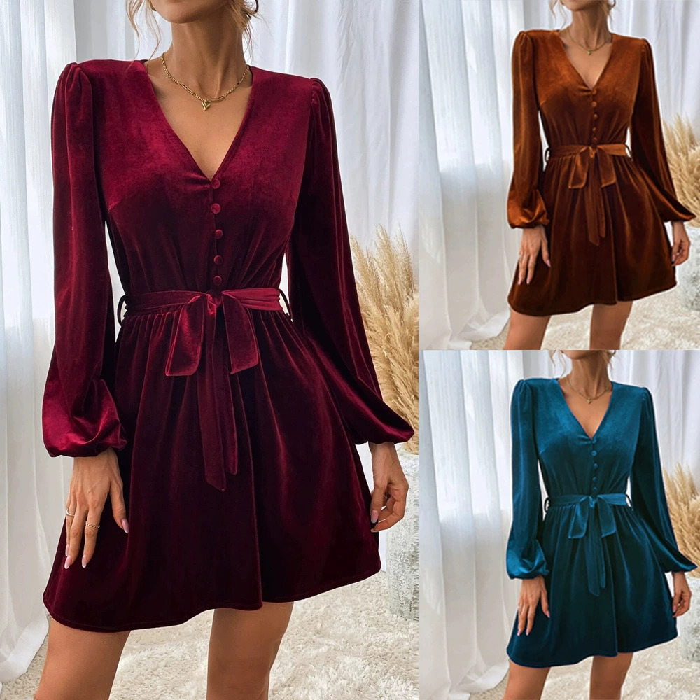 ZARA Fall Winter Velvet Long Sleeve Sexy Party Dress Waist Cinching Collar